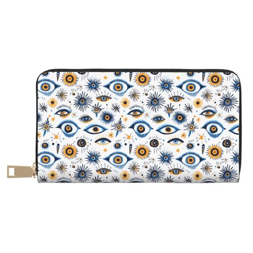 Leather Thin Slim Wallets for Women Men - Fashion Blue Eyes Print Card Wallet Holder with Zipper