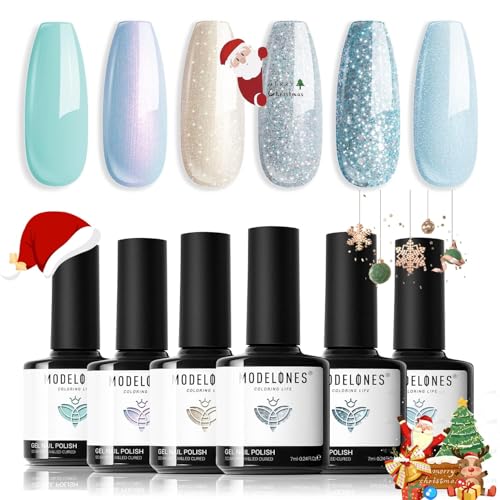 modelones UV Nagellack, Blau Glitzer 6 Farben Gel Nagellack Set, Soak Off Natur Gel Polish Nageldesigns, Gellack UV Lack für Anfänger Nail Art Maniküre Salon