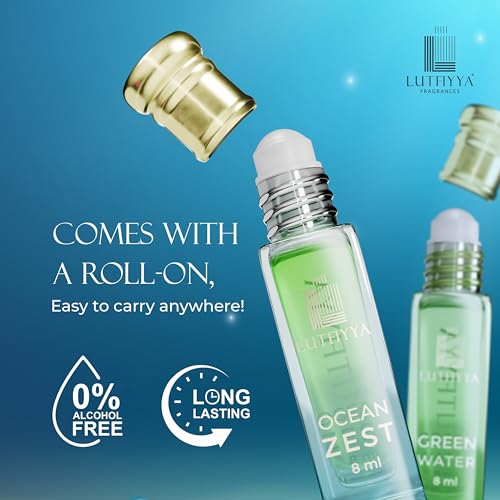 Image of Non-Alcoholic Attar Roll-On Perfume Oil (Pack of 2, 8ml Each) | Ocean Zest & Green Water | Long Lasting Fresh Aquatic & Floral Fragrance | Unisex Gift Set