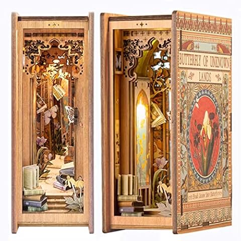 CUTEBEE DIY Book Nook Kit - DIY Miniature Dolls House Kit with Furniture and LED Light, 3D Puzzle Wooden Art Bookends, Model Kits for Adults to Build (Butterfly of Unknown Lands) Cover