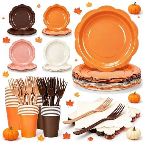 192Pcs Orange Paper Plates and Napkins for Fall Birthday, Thanksgiving