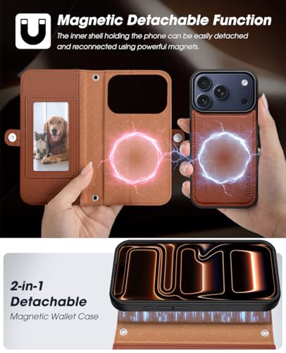 Étui portefeuille iPhone 17 Pro Max magnétique amovible anti-RFID zippé brun