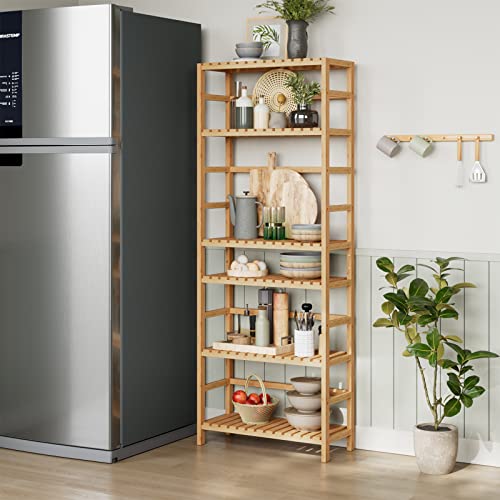 Bamjoy Bamboo Shelf, 6 Tier Bookcase Storage Shelves, Tall Book Rack Shelving Unit, Multipurpose Storage Display Shelf Adjustable Shelves Plant Stand For Home Office Bathroom Kitchen Living Room, 64"H #TOP4
