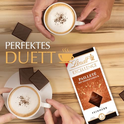 Lindt EXCELLENCE Pailleté Gebäckstückchen - Feinherbe Schokolade | 100g Tafel | Mit knusprigen Gebäckstückchen | Intensiver Kakao-Geschmack | Dunkle Schokolade