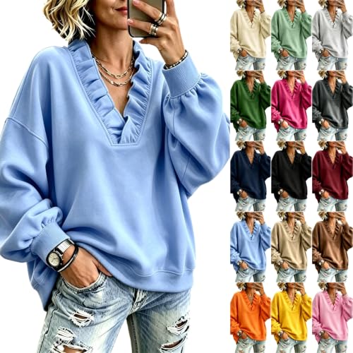 Women Sweatshirt Fleece Ruffle V Neck Oversized Sweatshirts Fall - image 1