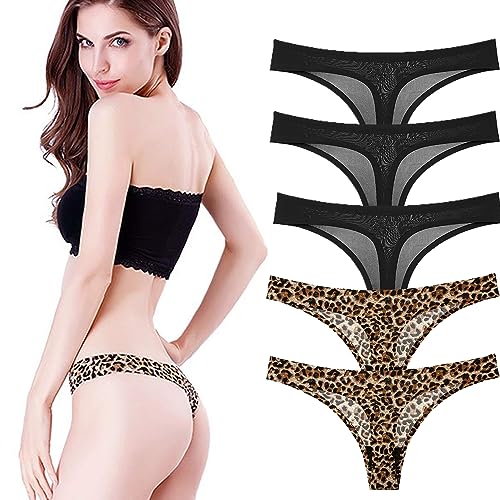 Zooma Lot de 5 Strings pour Femme - sans Couture - Tanga, léopard et uni - Sexy - sans Coutures - Culotte Hipster Bikini Multicolore