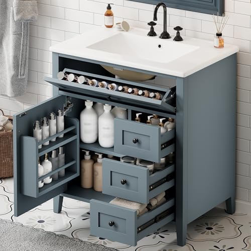 Image of 30 inch Bathroom Vanities with Top Set, Cabinet with Right-Side Multi-Functional Tip-Out Drawer and Adjustable Shelf, Soft-Closing Door, Solid Wood Legs, Blue Gray
