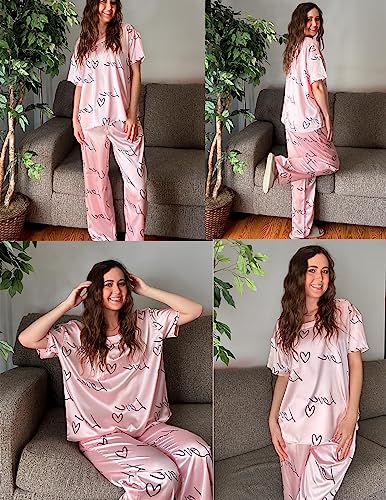 Image of Ekouaer Womens Satin Silky Pajama Set Short Sleeve Shirt with Long Pajama Pant Set Soft PJ Loungewear