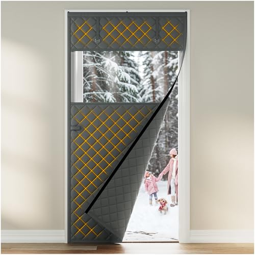 Image of Augblinds Thermal Insulated Door Curtain Fits Door Size 32 x 80 Inch, Oxford Cloth Thicken Cotton Fiber, Curtain Size 35 inch x 82 inch, Single Piece Screen Insulation Cover to Keep Warm, with Clear Windows