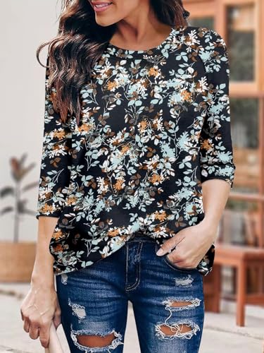 KISSMODA Tunic Tops for Women Loose Fit Dressy Round Neck Pleated 3/4 Length Sleeve Spring Tops
