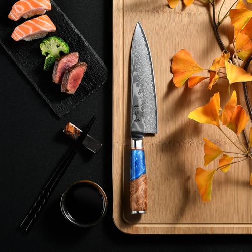 Image of ATUMURYOU Japanese Chef Knife, 8 Inch Damascus Kitchen Knife with VG10 Steel, Ultra Sharp Professional Cooking Knives with Resin Wood Handle, Gift Box for Home & Restaurant