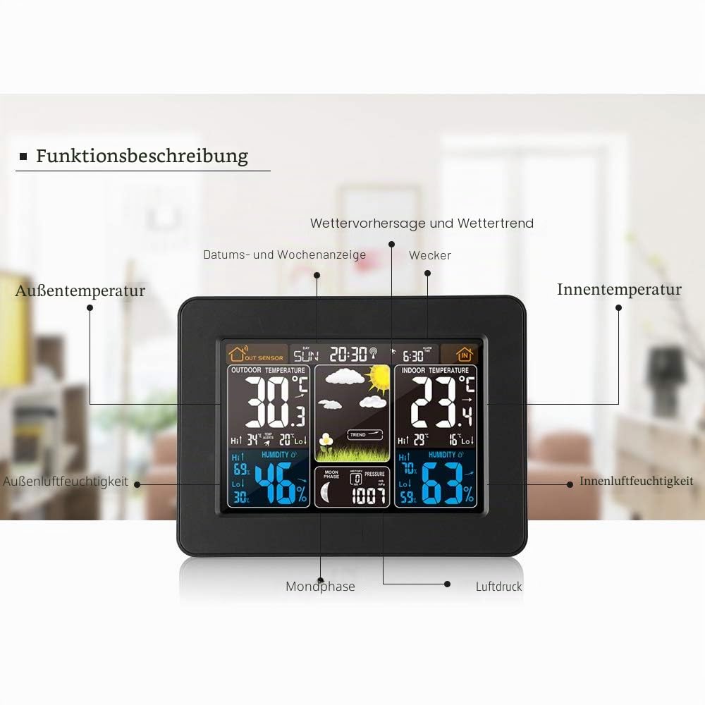 Kabellose Wetterstation, digital, bunt, Wettervorhersage, Uhr mit Außensensor, Innen-Außen-Thermometer mit Uhrzeit, Datum, Temperatur, Luftfeuchtigkeit, Barometer, Alarm, Mondphasenanzeige, Wetteruhr