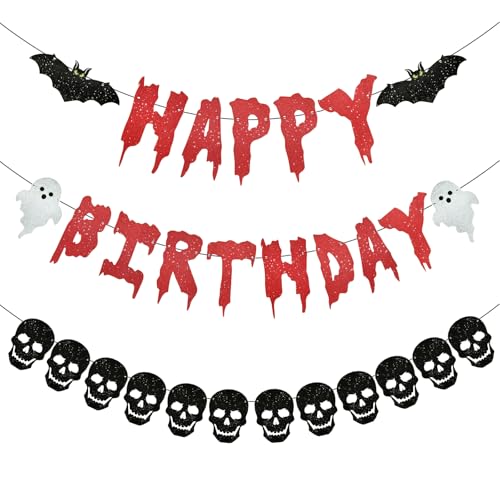 Lot de 3 guirlandes de têtes de Mort en Forme de cœur Noir, décorations de fête d'anniversaire d'halloween, Fournitures de décoration effrayantes pour bannières...