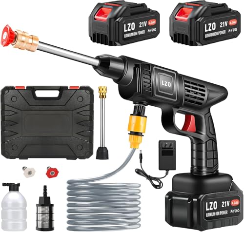 Cordless Pressure Washer 21V x2 Batteries Cordless Power Washer Battery Powered Portable Pressure Washer w/ 6-in-1 Nozzle Soap Container Charger Included