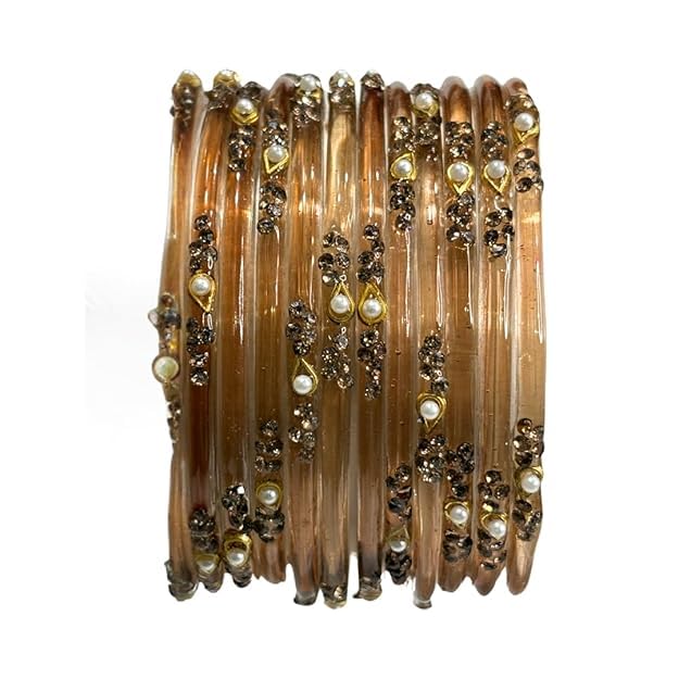 Glass Bangles Set for Women & Girls – Set of 12 Premium Handmade Bangles with Stone & Pearl Work – 21 Colour Options – Sizes 2.4, 2.6, 2.8 – Traditional Bridal & Festival Wear Chudi Set