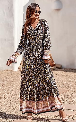 PRETTYGARDEN Long Sleeve Maxi Dress for Women V Neck Casual Button Down Boho Long Floral Dresses