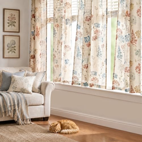 Image of jinchan Floral Linen Curtains 63 Inch Vintage Cottagecore Back Tab 2 Panels