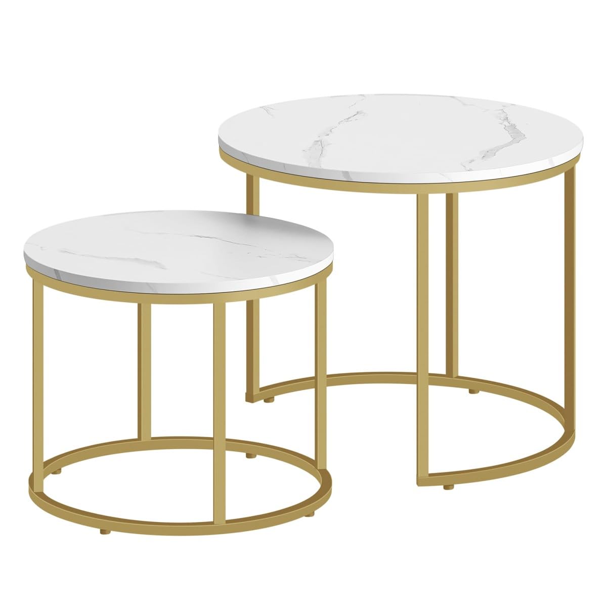 Table Basse 53/43 cm, Lot de 2 Tables gigognes Rondes Aspect marbre, piètement métallique doré, Style Industriel Peu encombrant pour Salon et Coin détente