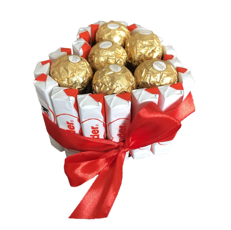 Tartas Kinder: Cesta de chocolate perfecta para regalar en Navidad, San Valentín y cumpleaños con Kinder Bueno, Schoko Bons, Ferrero y flores preservadas (Corazón mini Ferrero)