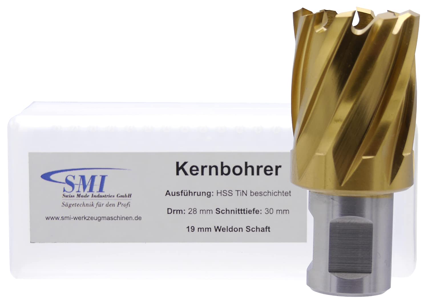 SMI HSS TiN Kernbohrer 28 mm Drm. Schnitttiefe 30 mm, Aufnahme 19 mm Weldonschaft