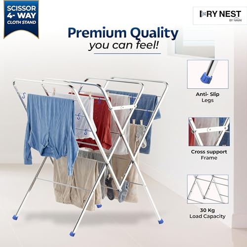 Image of HAVAI DryNest 3kg Heavy Duty Premium Cloth Drying Stand | 4-Way Foldable Stainless Steel Clothes Dryer | 20 Rods with Hanger Hooks | 30kg Load Capacity | Strong & Stable | 2 Year Warranty