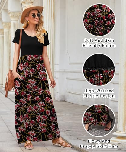 Image of EUOVMY Women's Short Sleeve Loose Plain Maxi Dresses Casual Vacation Long Dresses with Pockets