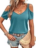 Eachyes Womens Summer Cold Shoulder Tops Low Back Short Sleeve V Neck T Shirts Sexy Casual A Blue Green Medium