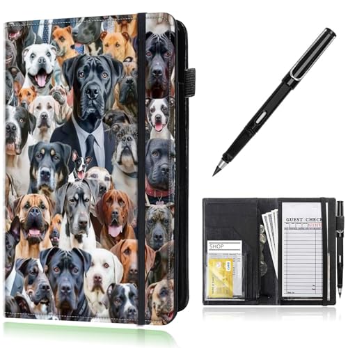 Server Book,Waitress Book,Waiter Book Server Organizer with Zipper Pocket,Leather Waitress & Waitstaff Book Wallet with Card Slot Guest Check Holder 9 x 5 Inch Server Book,Cute Dog -494
