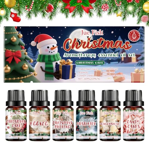 Juego de aceites esenciales de Navidad, 6 x 10 ml, aceites esenciales para aromaterapia, difusor de aceite, pastel de Navidad, huevo, bastones de azúcar, pan de jengibre, muérdago, pudín de Navidad