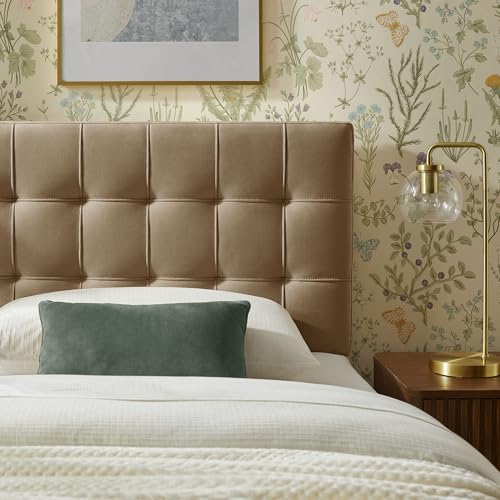 Image of Modway Lily Twin Size Stain-Resistant Performance Velvet Headboard in Taupe - Velvet Upholstery with Button Tufting and 4 Adjustable Height Positions
