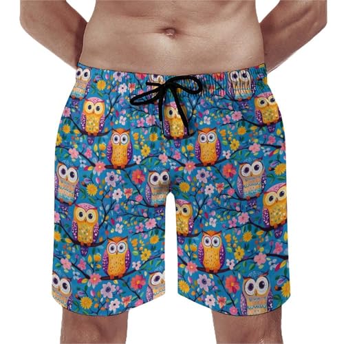 Mens Swim Trunks, Flower Owl Print Swim Shorts with Mesh Lining Swimwear Bathing Suits Quick Dry