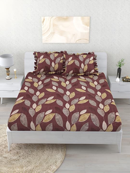 Image of 350 TC Premium Heavy Cotton Feel Elastic Fitted Bedsheet King Size with 2 Frill Pillow Covers King Size || Double Bed with All Around Elastic (Multi Frill, Queen)