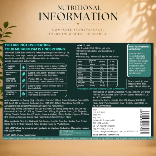 Image of Super Slim Metabolism Booster, Gut Health & Digestion Supplement | Berberine & L-Carnitine 1500mg | 20 Billion CFUs Probiotic + 950mg Fibre | Psyllium Husk | Weight Management Drink for Women & Men | 14 Sachets | 2 Weeks Supply