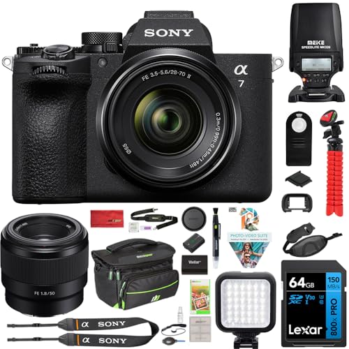 Sony ILCE-7M5M/B a7 V Full-Frame Mirrorless Camera with 28-70mm II Lens Bundle with FE 50mm F1.8 Lens, Flash Speedlight, 72' Monopod, 64GB Card, Corel Photo Video Suite, Deco Photo Camera Bag + More