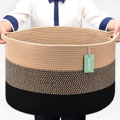 Image of Large Cotton Rope Blanket Basket, 87L Laundry Hamper, Brown & Black