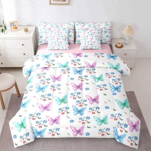 Image of Colorful Butterflies 7 Pieces Bedding Set Full Size,Blue Daisy Flower Bed in a Bag,Cottagecore Farmhouse Bed Set Includes Comforter,Sheet Set,Pillowcases & Pillow Covers,Flying Butterfly Bedroom Decor