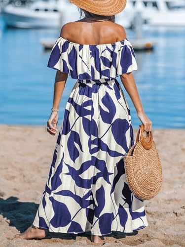 Image of CUPSHE Women Ruffle Floral Maxi Summer Dress Off Shoulder Short Sleeve Backless Flounce Bodice Slit Hem Beach Dresses