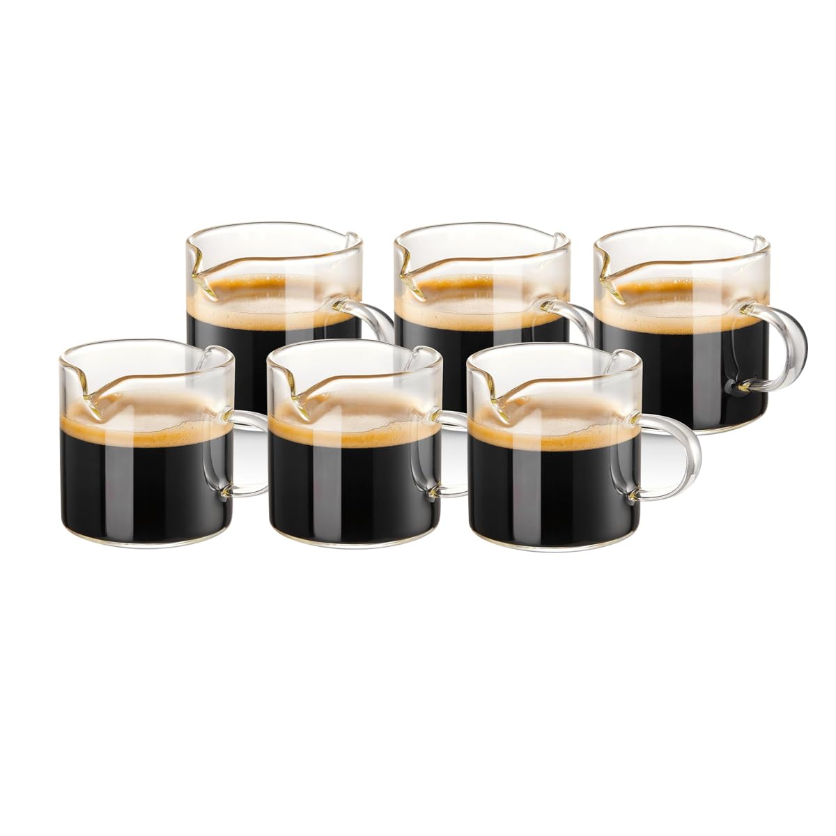 3Clock Espresso Cups Set of 6, 80ml Double Spouts Cups, Espresso Shot Glasses, Milk Cup with Handle, Clear Glass, Espresso Accessories for Espresso Machine