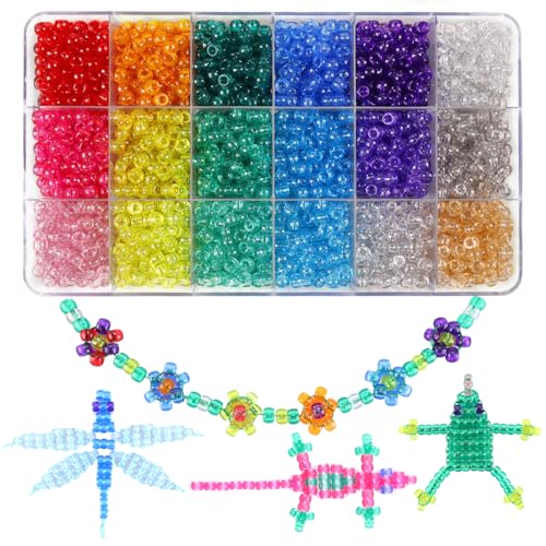 MAKERSLAND 2600+pcs Pony Beads Kit Rainbow Glitter Plastic Beads Multicolor Pony Bead Bulk with Elastic String Hair Bead for Braids DIY Crafts Jewelry Making Kit for Bracelets Necklaces