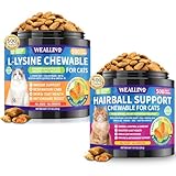 WEALLIN L-Lysine Chews & Cat Hairball Support Chews Bundle – Immune, Respiratory & Skin Health + Furball Control & Digestion Support for Cats – 500 Chews Each, Chicken Flavor