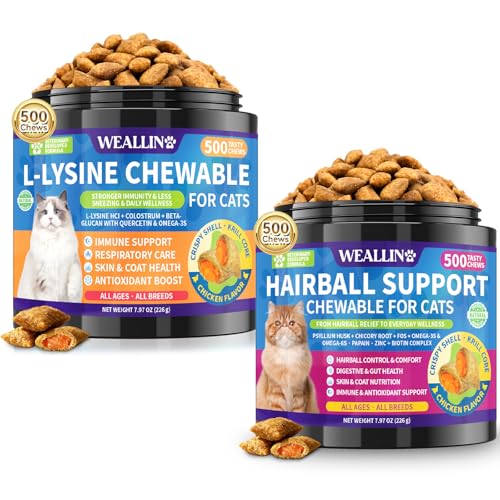 WEALLIN L-Lysine Chews & Cat Hairball Support Chews Bundle – Immune, Respiratory & Skin Health + Furball Control & Digestion Support for Cats – 500 Chews Each, Chicken Flavor