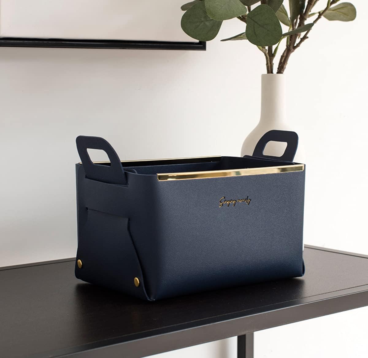 Hofferruffer レザー収納ケース 机上収納ボックス 小物入れ 折り畳み 収納バスケット 希少 卓上整理整頓 オシャレ 雑貨 インテリア デスクオーガナイザー ネイビー コンテナボックス ハンドル付き