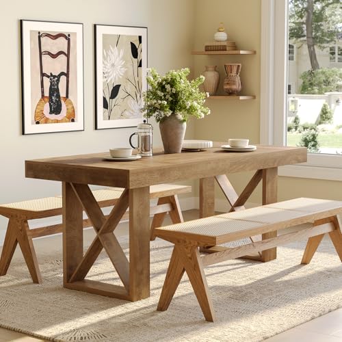 LITTLE TREE 63-Inch Rectangle Dining Table for 4-6 People, Farmhouse Thick Appearance Design, Rectangular Kitchen Dinner Table for Home, Rustic Yellowish Brown