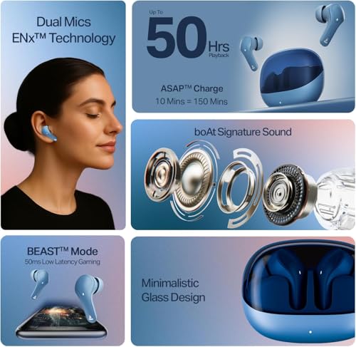 Image of boAt Airdopes 311 Pro Truly Wireless in Ear Earbuds, Up to 50 Hrs Playtime, Dual Mics, Low-Latency Mode, ASAP Charging, IPX4, IWP Tech, BT v5.3 (Dusk Blue)