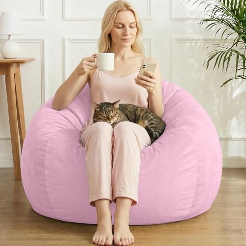 Image of Stuffed Animal Storage Bean Bag Chair Cover for Adults (No Filler), Soft Comfy Velvet Beanbag Chair Cover Machine Washable, Adults Bean Bag Chair with Handle for Living Room Bedroom, Pink