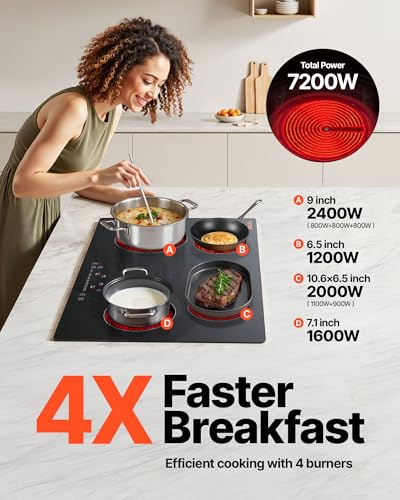 Image of VEVOR Built in Electric Stove Top, 30inch 4 Burners, 240V Glass Radiant Cooktop with Sensor Touch Control, Timer & Child Lock Included, 9 Power Levels for Simmer Steam Slow Cook Fry