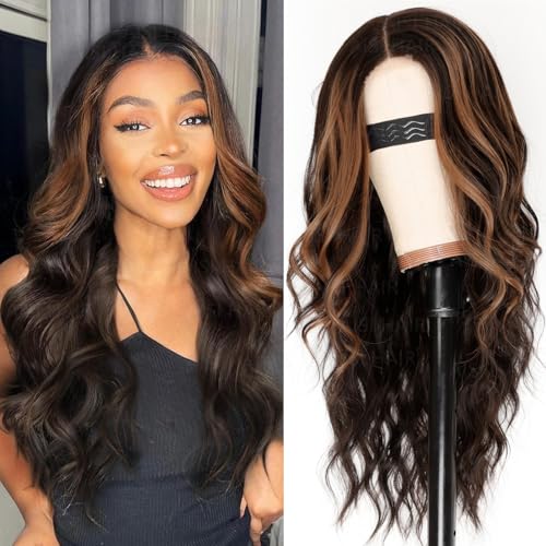 Image of AISI HAIR Dark Brown with Highlights Wig for Women, Long Wavy Lace Hairline Middle Part Synthetic Heat Resistant Wig for Daily Party-26 Inch