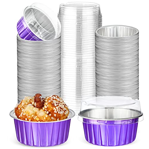 200 Pcs Aluminum Foil Baking Cups 5 Oz Disposable Ramekins Mini Cake Pans With Lids Desserts Flans Cupcake Liners Pudding Cups For Muffin Pie Pudding Creme Wedding Party Valentines (Purple) #TOP10