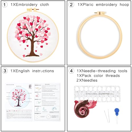 Image of Love Heart Tree Embroidery Kits for Beginners Adults, Valentine's Day Hand Embroidery Kits, Cross Stitch Kits for Adult Anniversary Valentine's Gift, Entire Set of Embroidery Supplies & Video Tutorial