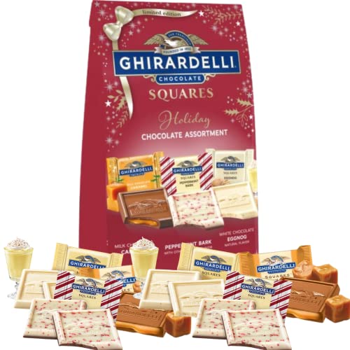 Ghirardelli Chocolate Limited Edition Holiday Squares Assortment, Individually Wrapped Bulk Chocolates, Milk Caramel, Peppermint Bark, and Eggnog, 7.9 Ounces